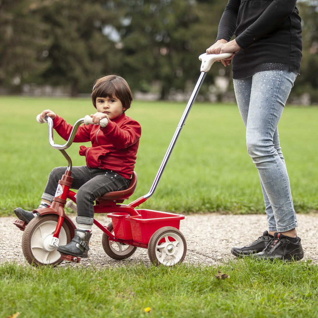 Italtrike-10inch-Passenger-Trike-Champion-Red-Being-Ridden-By-Child-Being-Pushed